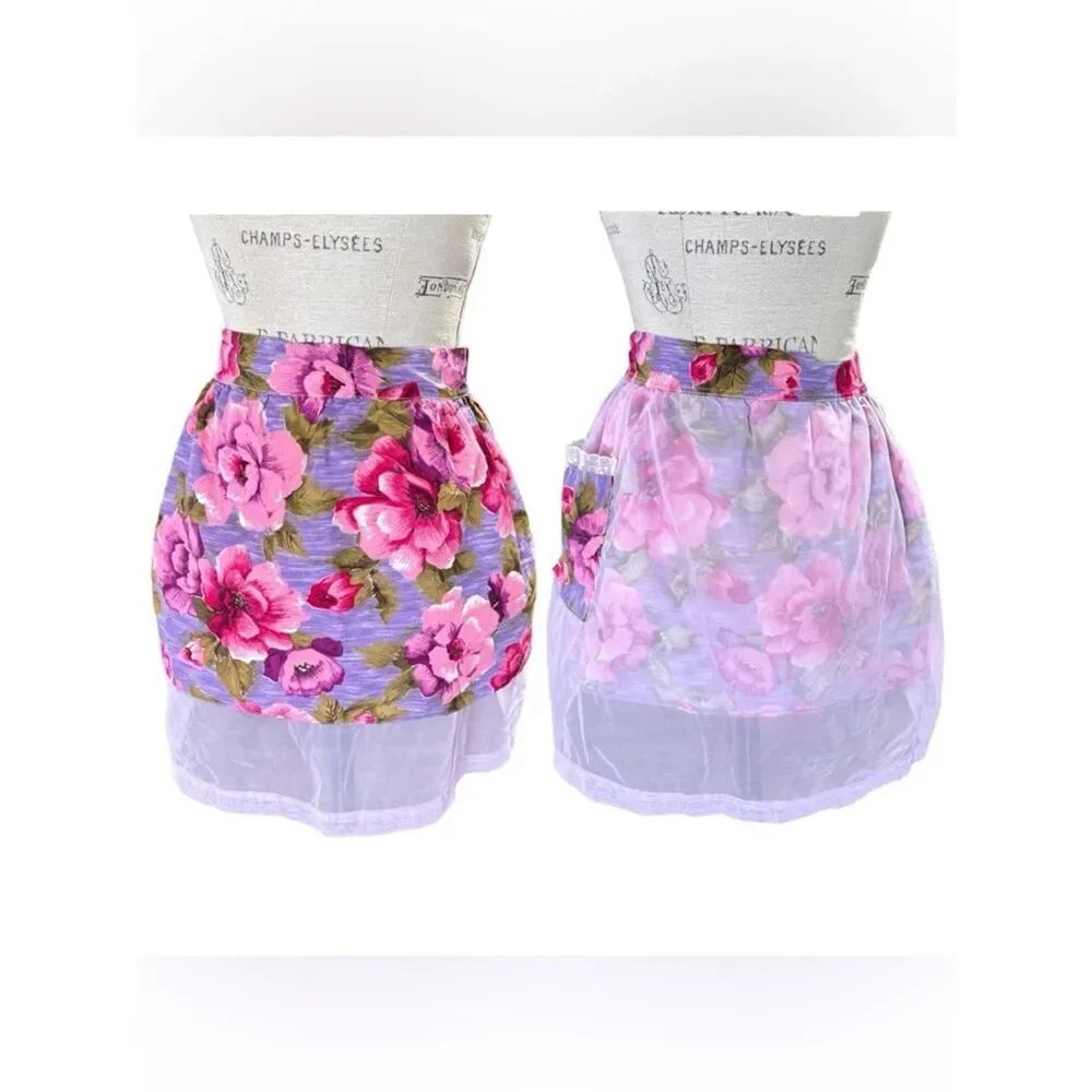Vintage Reversible Handmade Floral Apron Pink Purple White Green Sheer Panel